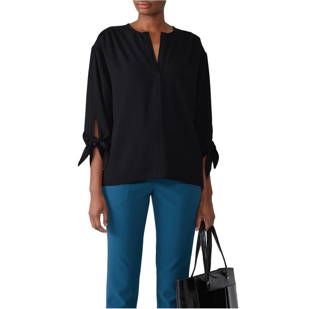 Trina Turk Sz Small Black Crepe Bees Knees Tie Sleeve V-Neck Pullover Blouse Top
